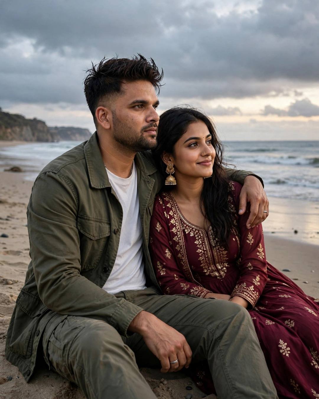 Young Indian man in an olive field jacket with his arm around a woman in a maroon anarkali, seated on a deserted beach at dusk