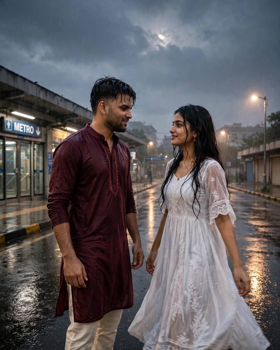 Young Indian man in a maroon kurta and woman in a white dress standing in midnight rain outside a metro station