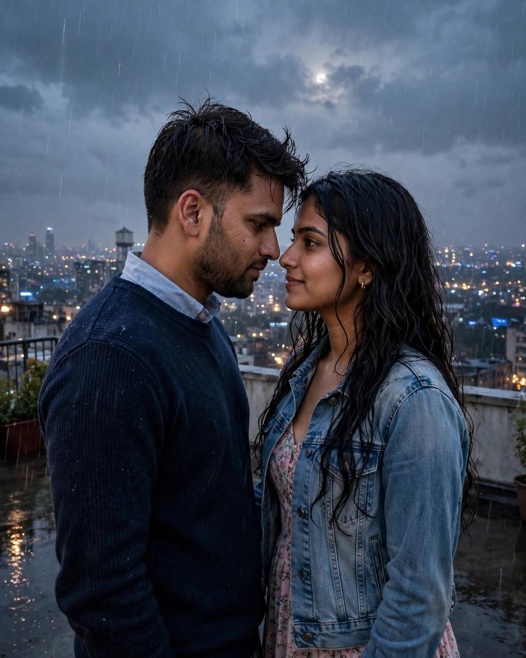 Young Indian man in a navy sweater and woman in a denim jacket standing face to face in the rain on a rooftop above city lights