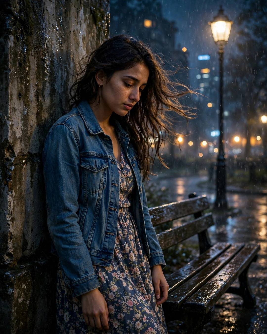 Young Indian woman in denim jacket leaning against a weathered wall by a park bench in the rain