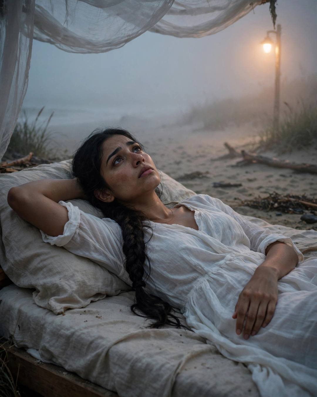 Young Indian woman in white dress lying on a bed on a deserted beach at dawn in fog