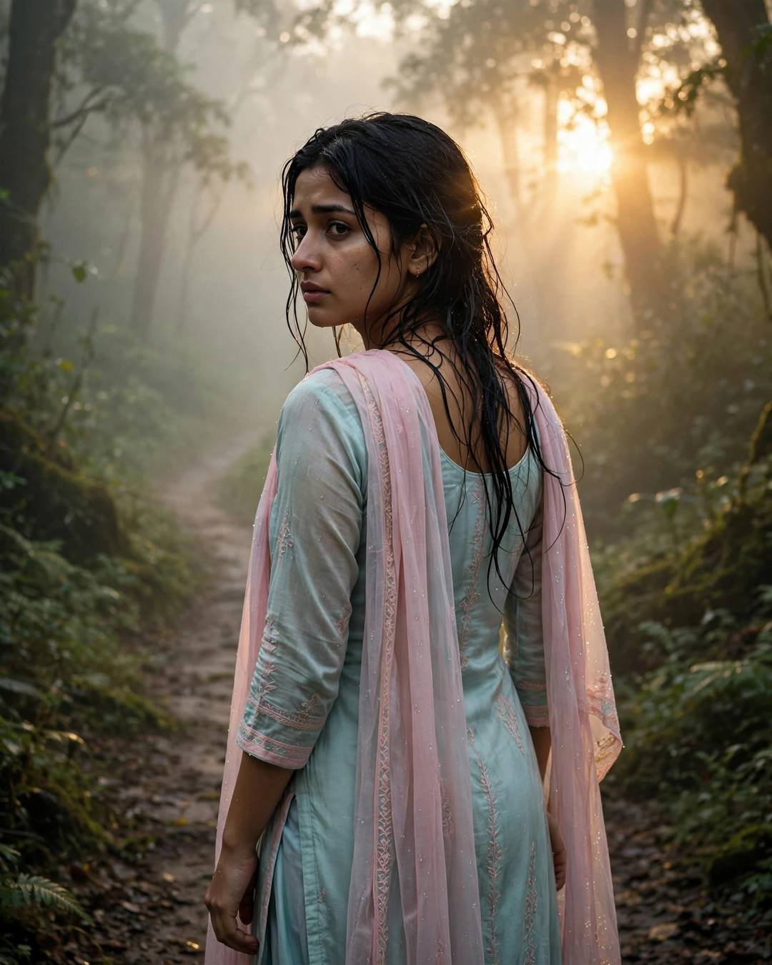 Young Indian woman in pastel salwar-kameez looking over her shoulder on a misty forest path at dawn