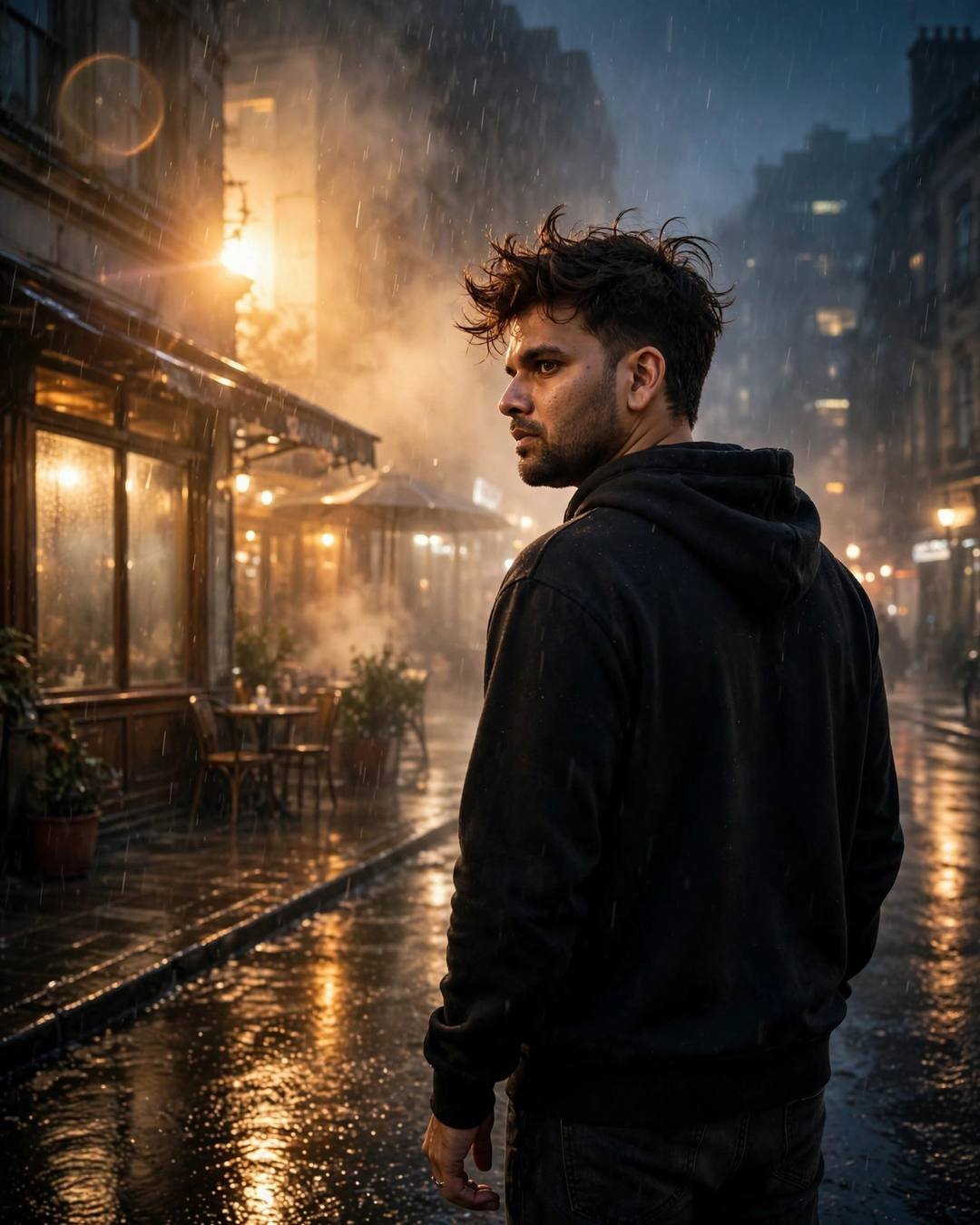 Running down a shuttered market lane while — cinematic AI portrait