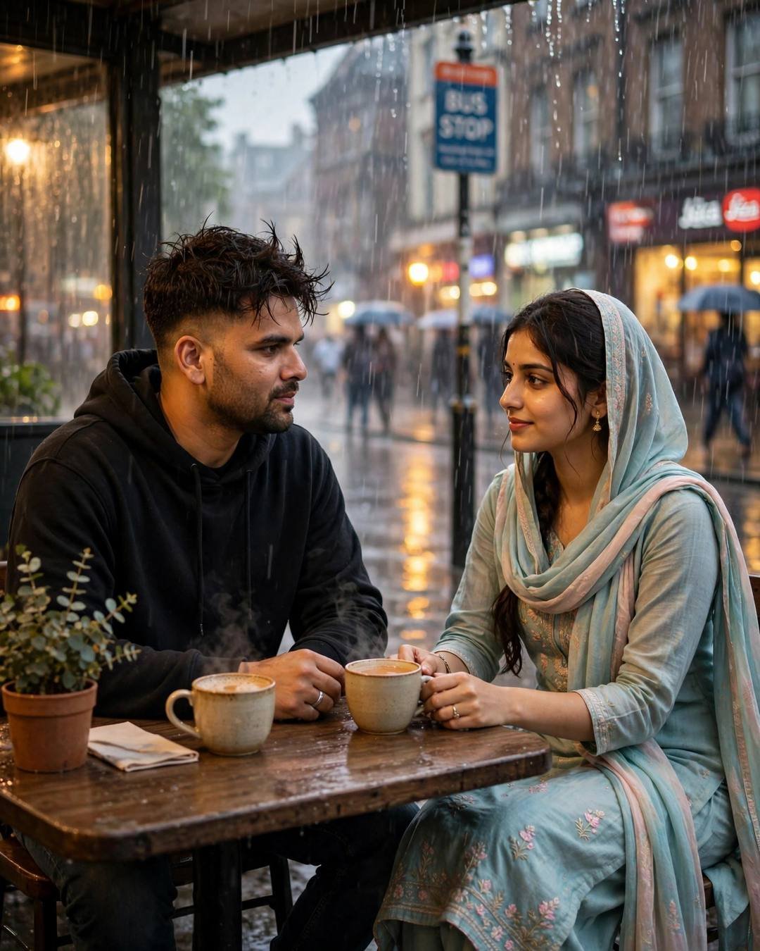 Sharing earphones, watching the horizon melt — AI-generated Sunset Couple portrait