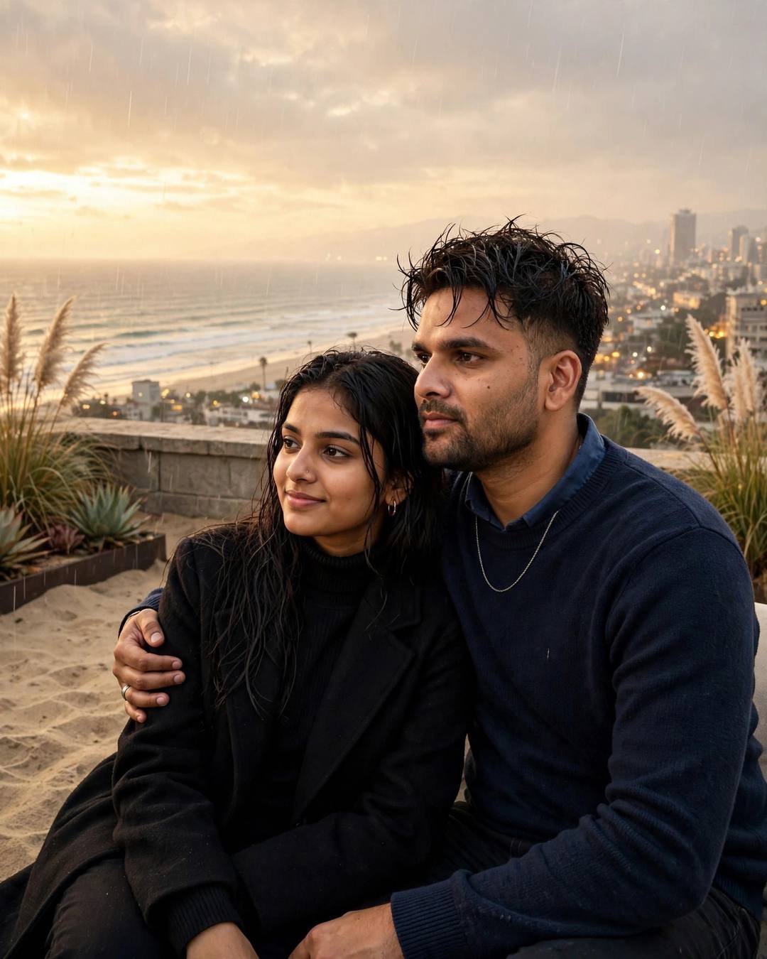 A cliff-top embrace with wind carrying her — AI-generated Sunset Couple portrait