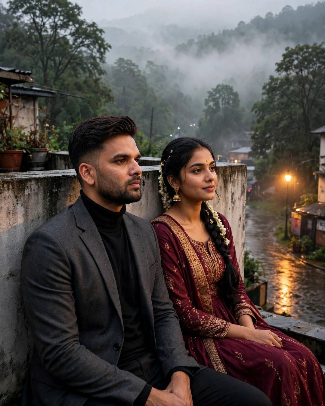 Her dupatta flying as they watch the — AI-generated Sunset Couple portrait