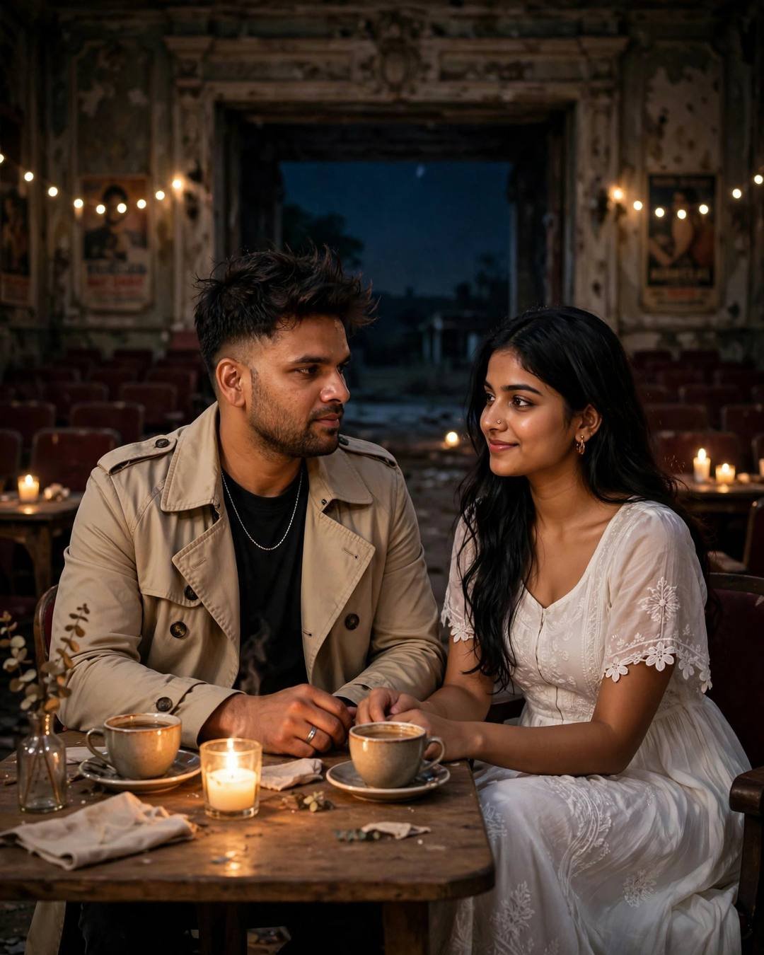 Both dressed in silk, feeding grains to — cinematic AI portrait