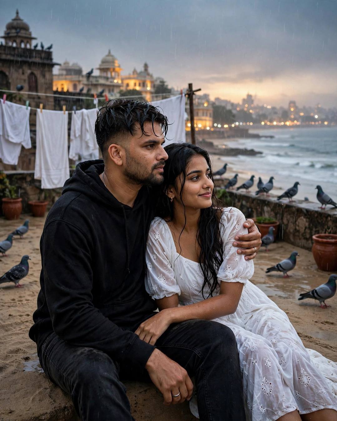 A mirror-work dupatta catching the warm golden — cinematic AI portrait