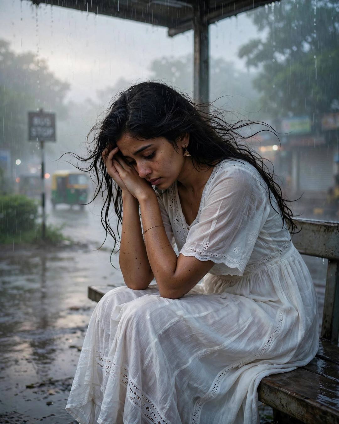 Still cupping the small porch diya's flame — cinematic AI portrait, waiting for someone mood