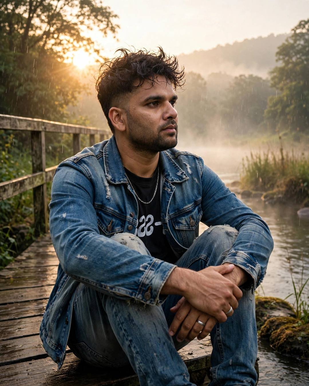 Young man in a distressed denim jacket sitting with knees drawn up on a wooden bridge over a misty river at dawn