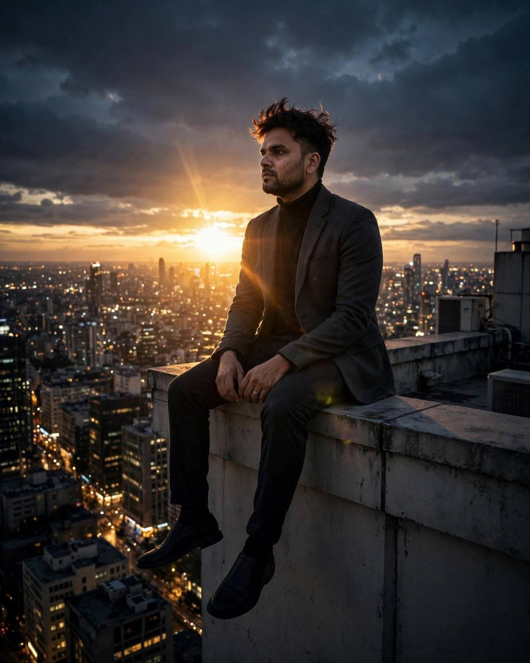 Young man in a charcoal blazer and black turtleneck sitting on a rooftop ledge above a glittering city at dusk
