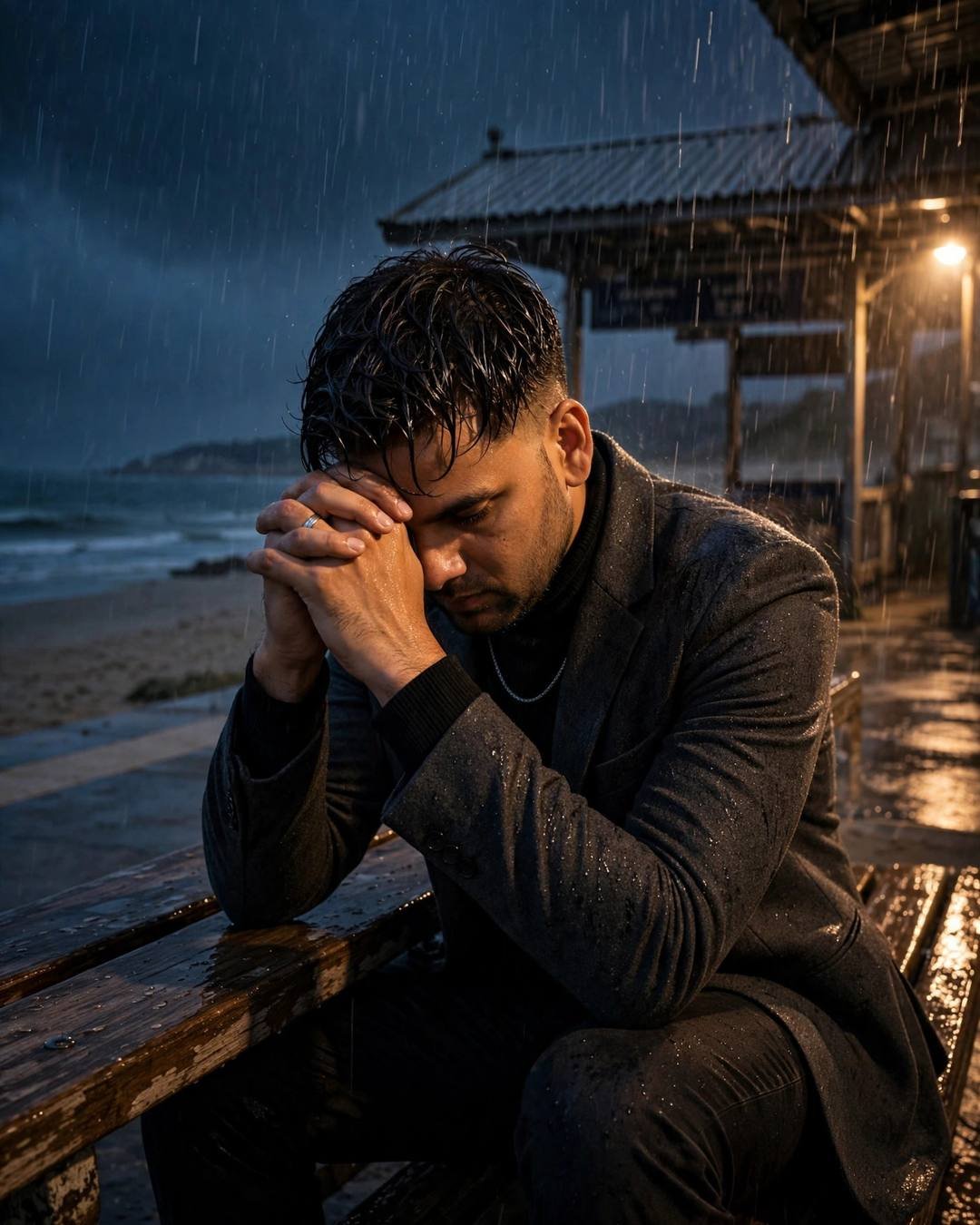 Young man with rain-wet hair sitting on a station bench by the beach at dusk, head bowed into his clasped hands