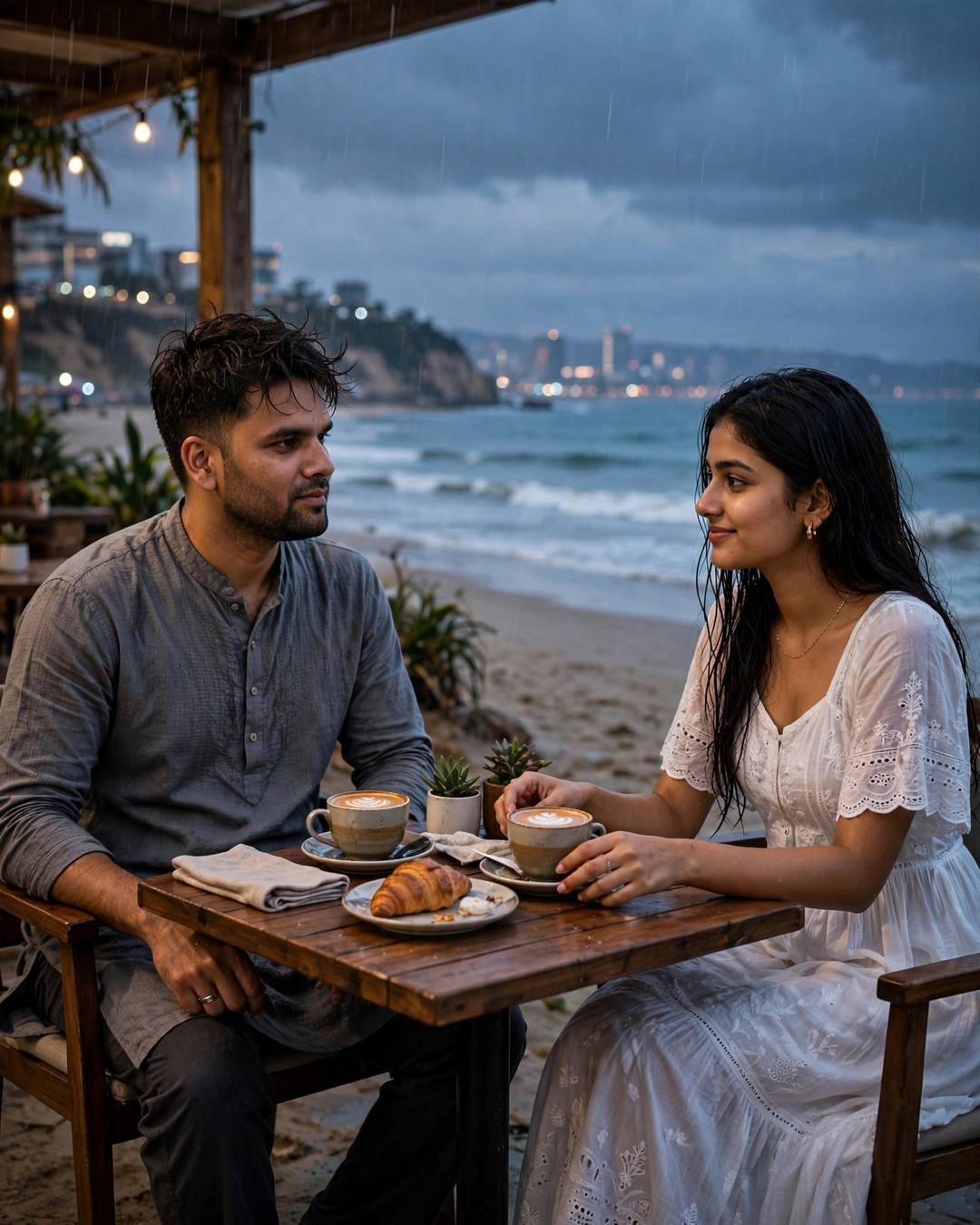 Young Indian couple sitting at a wooden table on a deserted beach at dusk, man in grey kurta, woman in flowing white summer dress, cappuccinos, sea and city lights behind