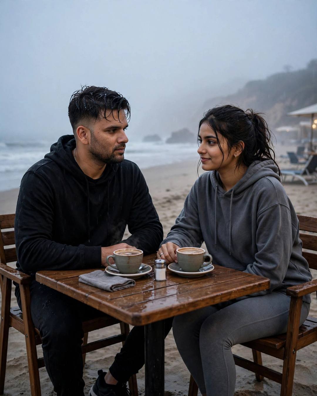 Young Indian couple sitting across a wooden table on a deserted beach at dusk, man in black hoodie, woman in grey hoodie, two steaming coffee cups, sea behind