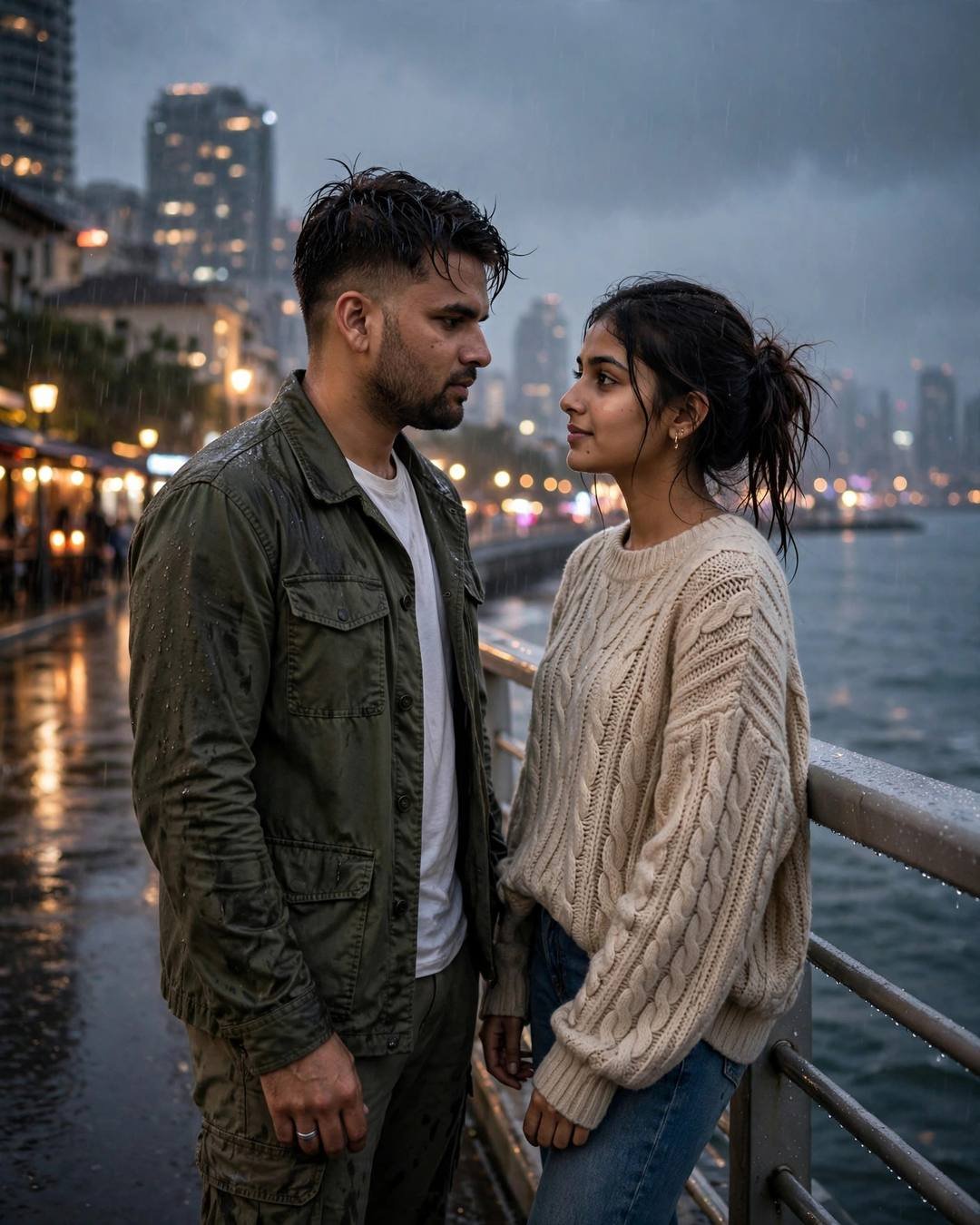 Young Indian couple standing face to face on a rain-soaked waterfront promenade at dusk, man in olive field jacket, woman in beige cable-knit sweater, blurred city lights behind