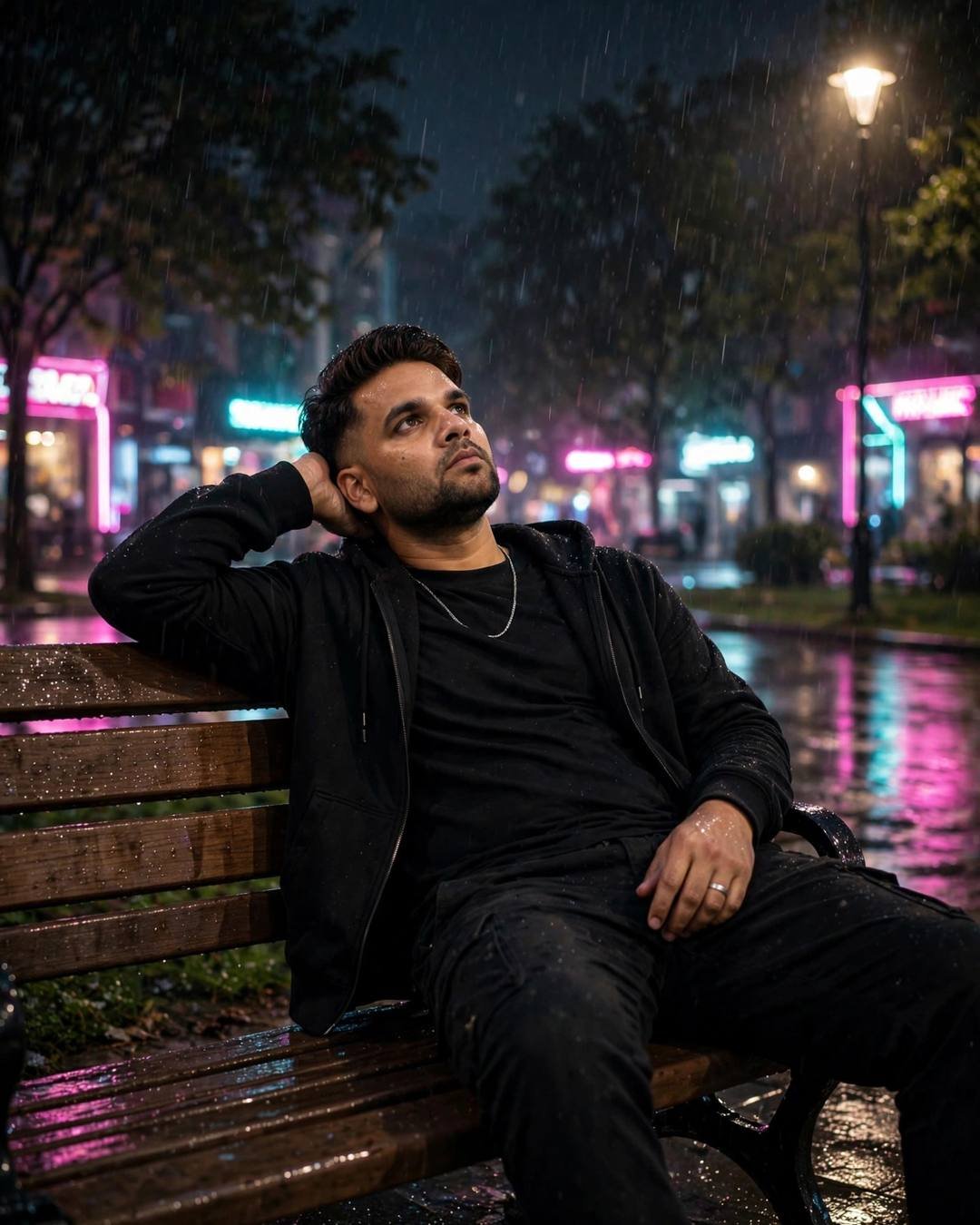 Young Indian man in black streetwear on a rainy park bench under neon lights at night