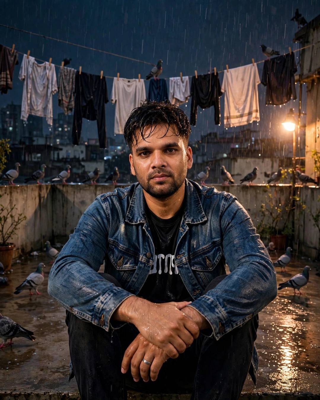 Young Indian man in wet denim jacket sitting on rainy terrace with pigeons and clothes lines