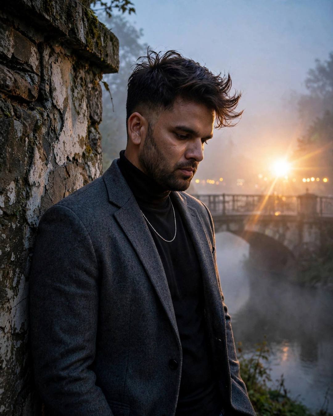 Young Indian man in charcoal blazer leaning on a foggy river bridge in golden hour light