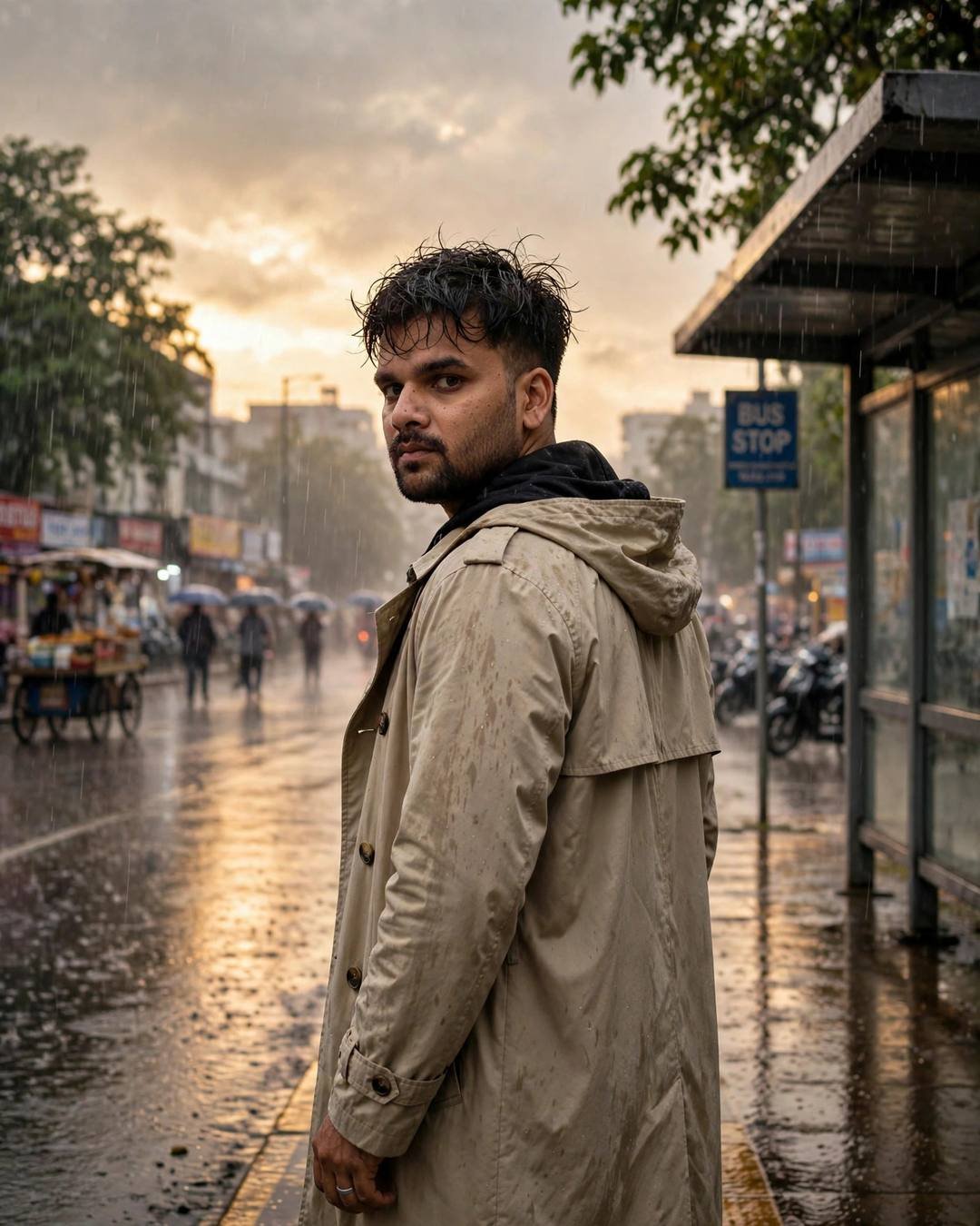 Young Indian man in a beige trench coat standing at a bus stop in heavy monsoon rain, looking over his shoulder at golden hour