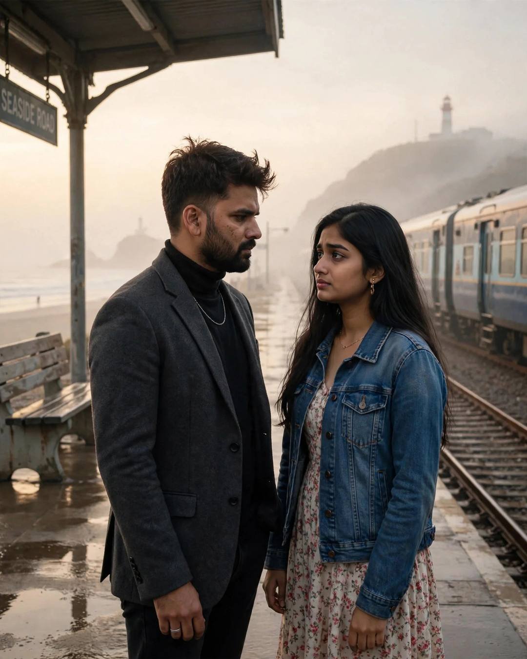 Couple sharing a last goodbye on a foggy seaside railway platform, man in charcoal blazer, woman in denim jacket