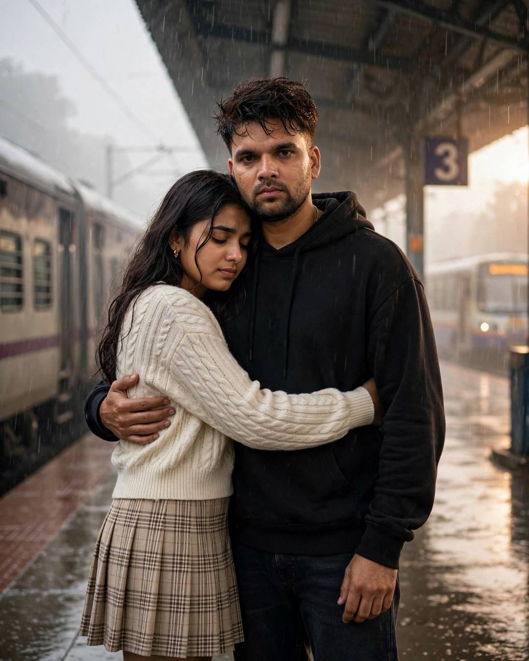 Couple hugging in the rain on a railway platform, man in black hoodie, woman in cream knit top
