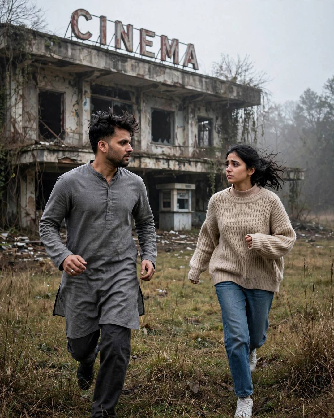Couple running across a field in front of an abandoned cinema hall, man in grey kurta, woman in beige sweater