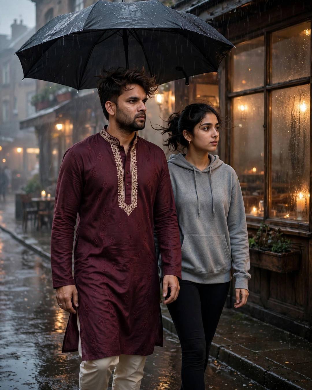 Couple walking under one umbrella on a wet street past a candlelit cafe, man in maroon kurta, woman in grey hoodie