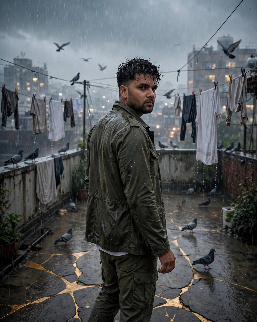 Young man in an olive field jacket walking away across a rain-soaked terrace with pigeons and clothes lines, golden cracks in the wet concrete
