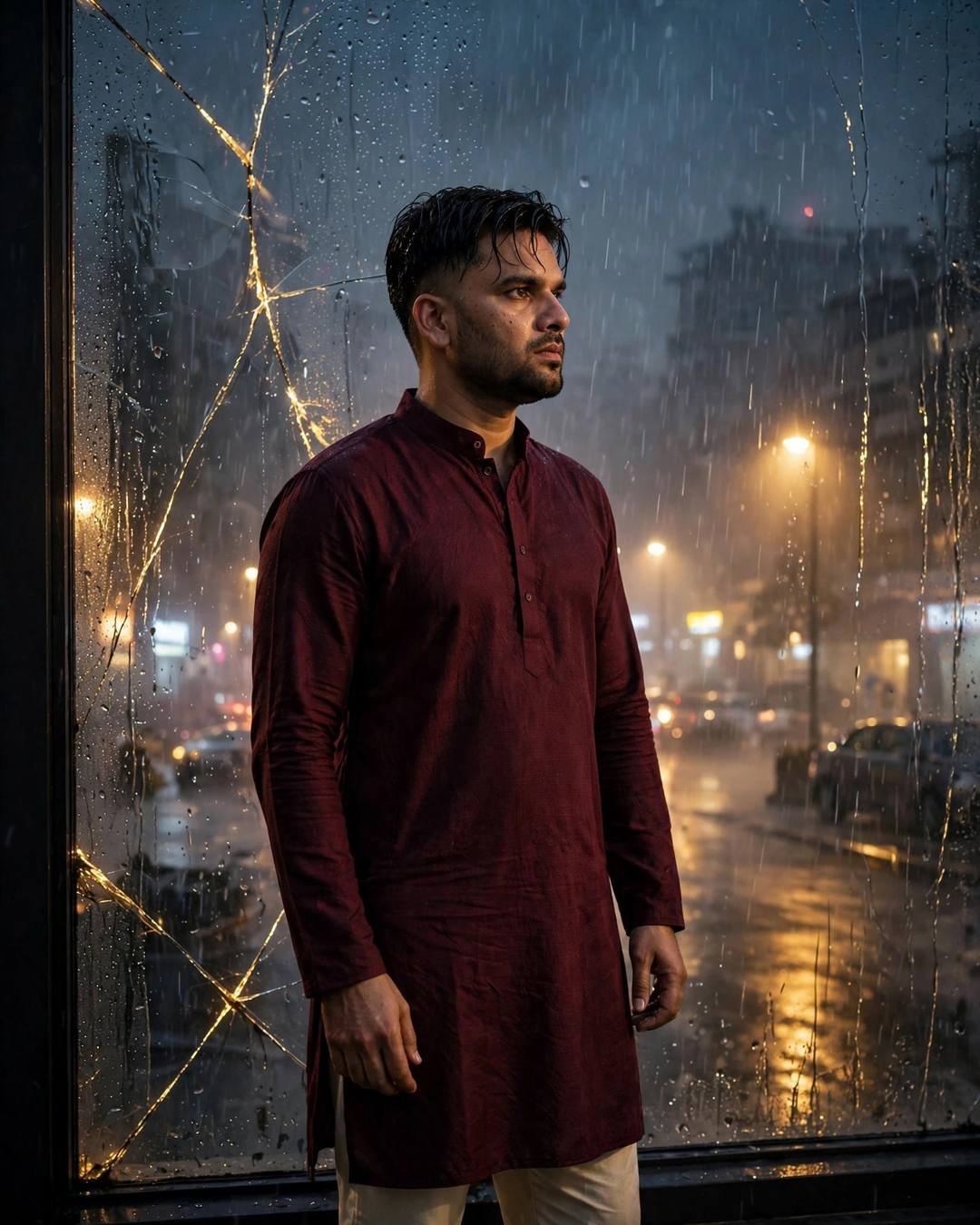 Young man in a maroon kurta with a quiet smile before a rain-streaked window with golden cracks, amber streetlamps glowing through the rain