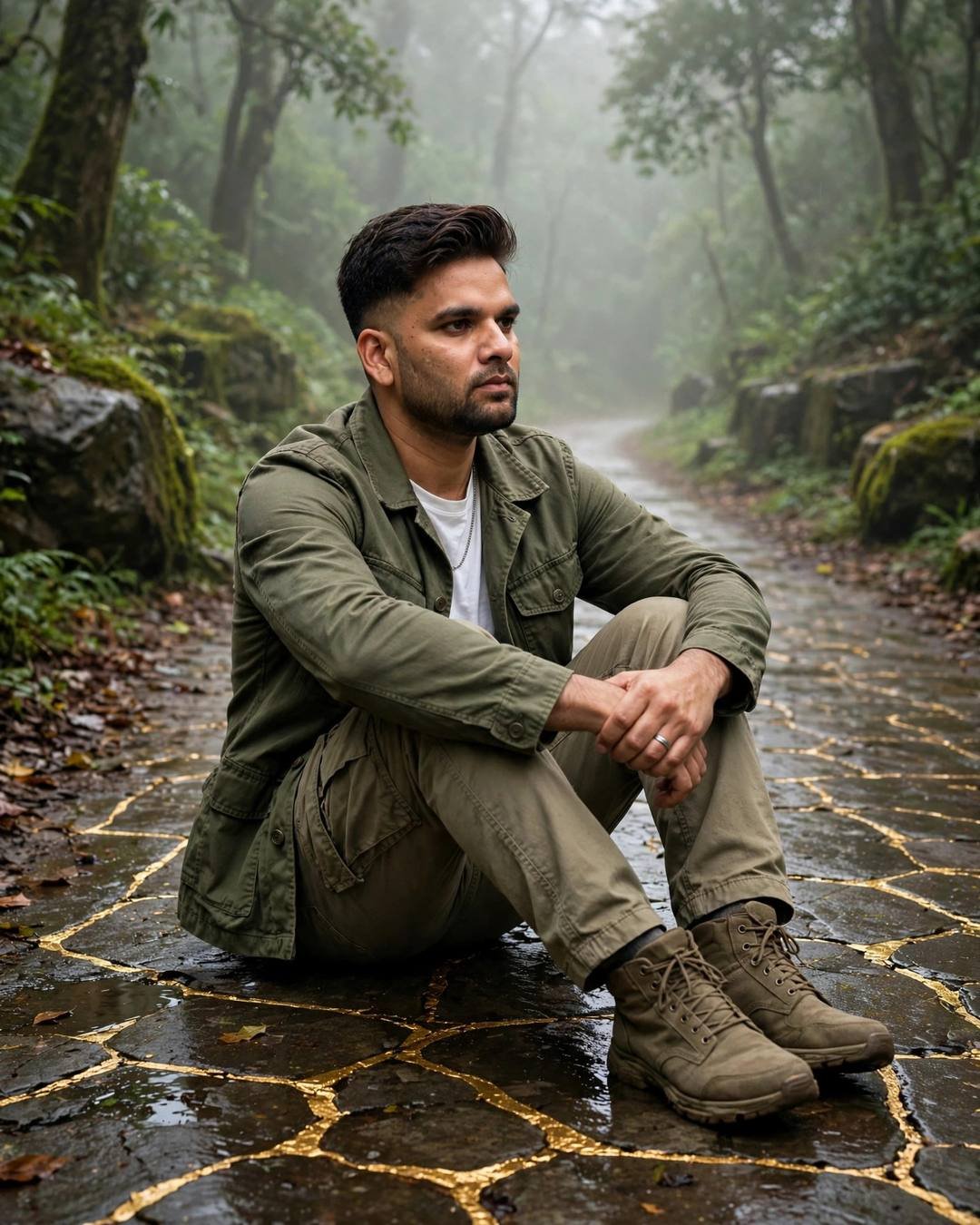Young man in an olive field jacket sitting with knees drawn up on a misty forest path, golden cracks veining the wet stones