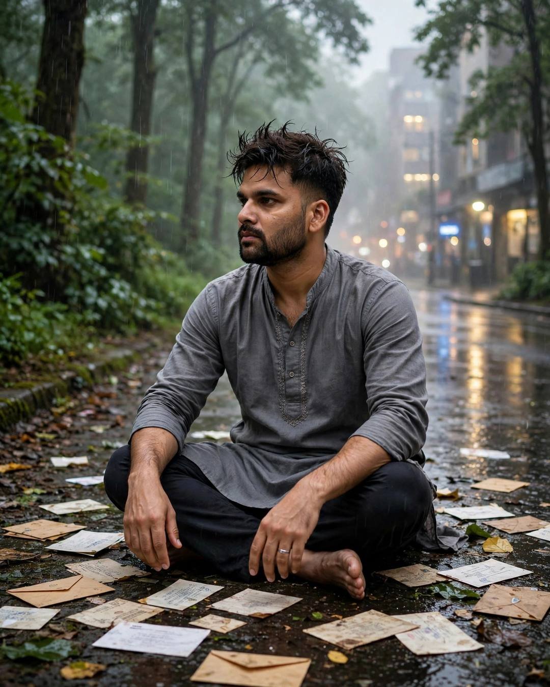 Young Indian man in grey kurta sitting cross-legged on a rainy forest path among old letters