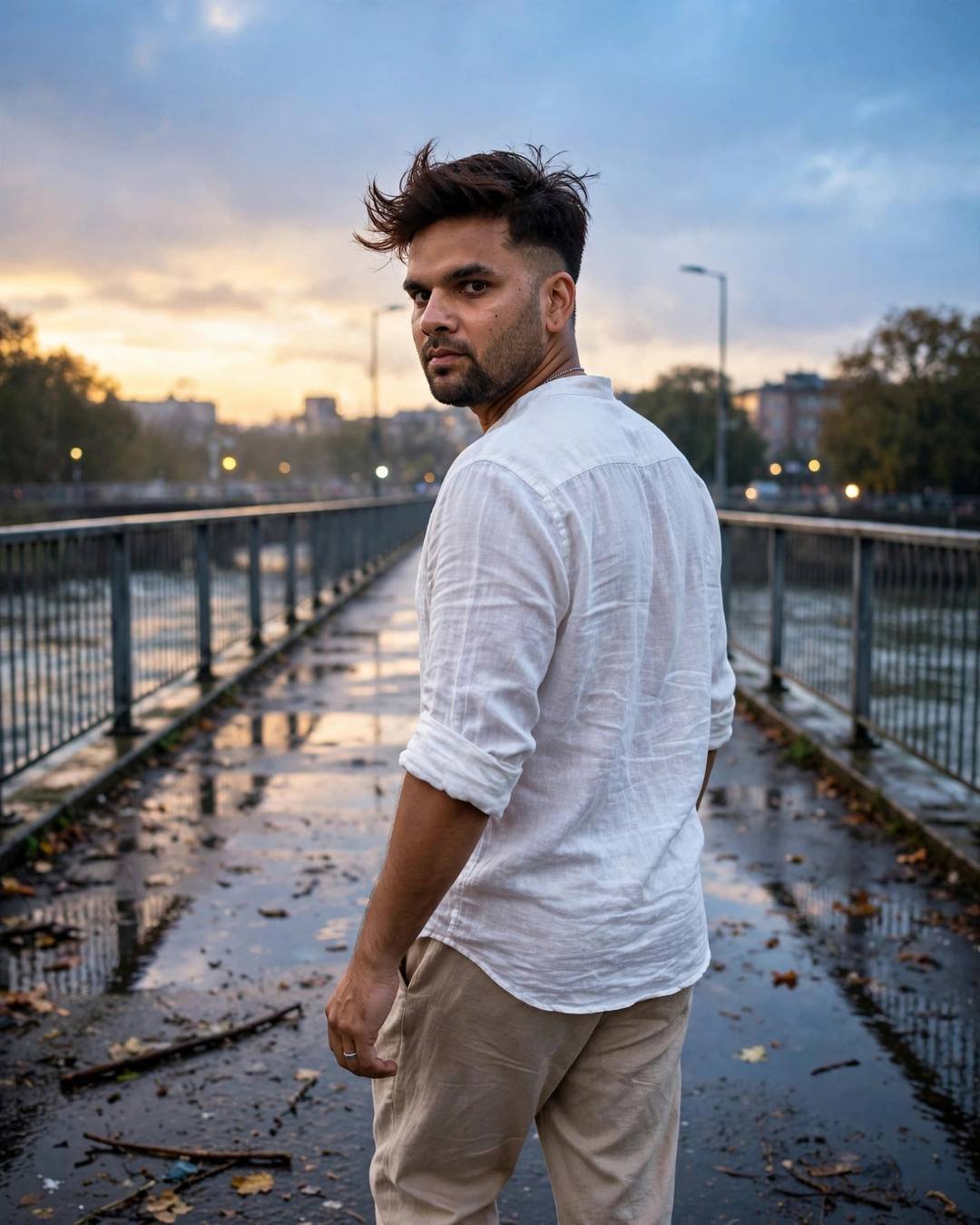 Young Indian man in white linen walking a wet bridge at golden hour, looking back over his shoulder