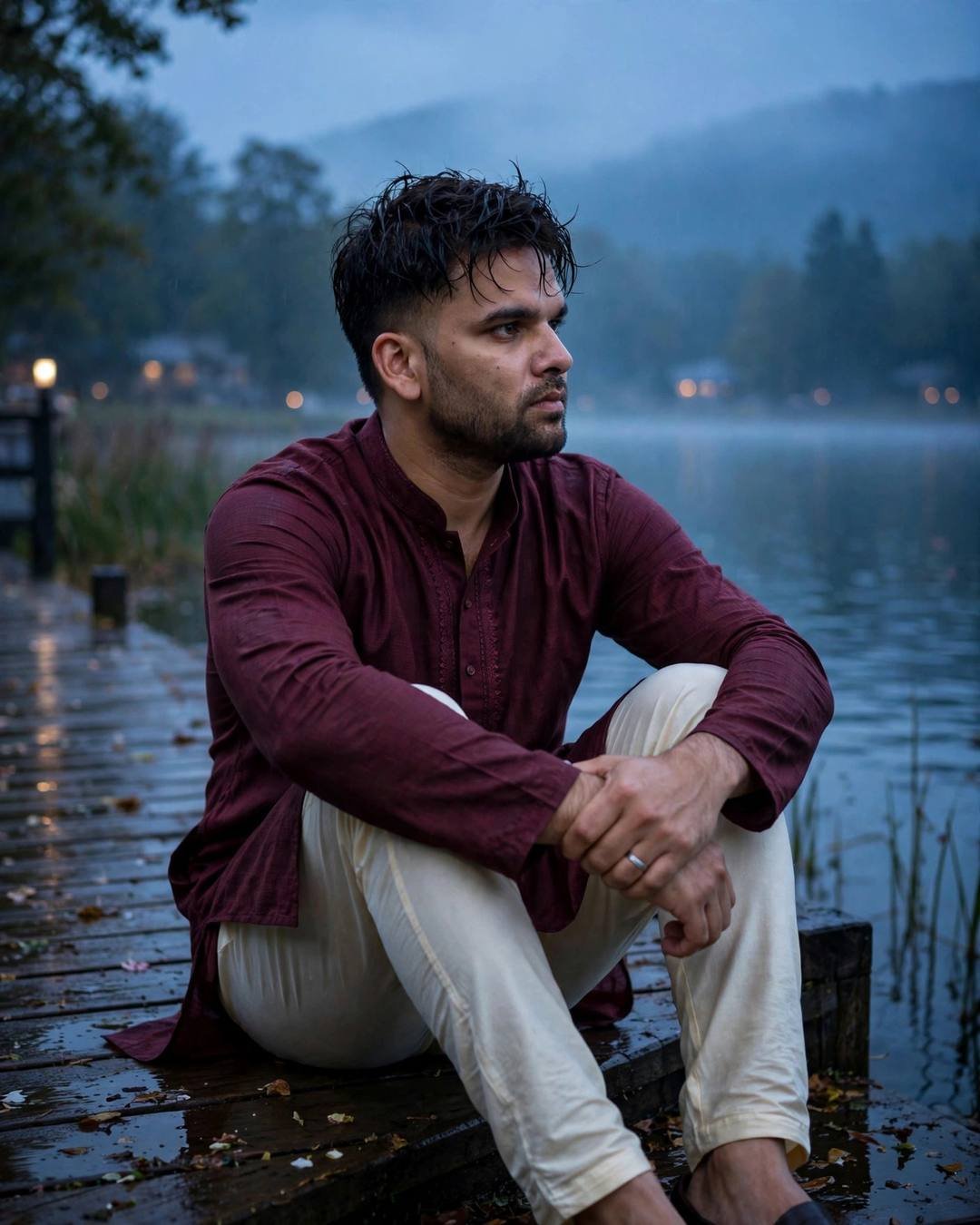 Young Indian man in maroon kurta sitting with knees drawn up on a misty lake pier at dawn