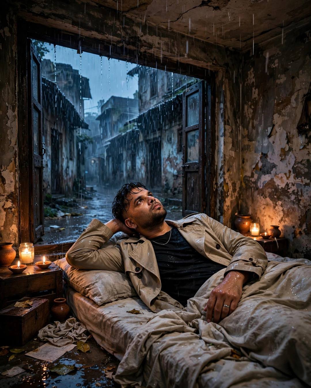 Young Indian man in trench coat reclined on a bed in a rain-open ruined room with candles
