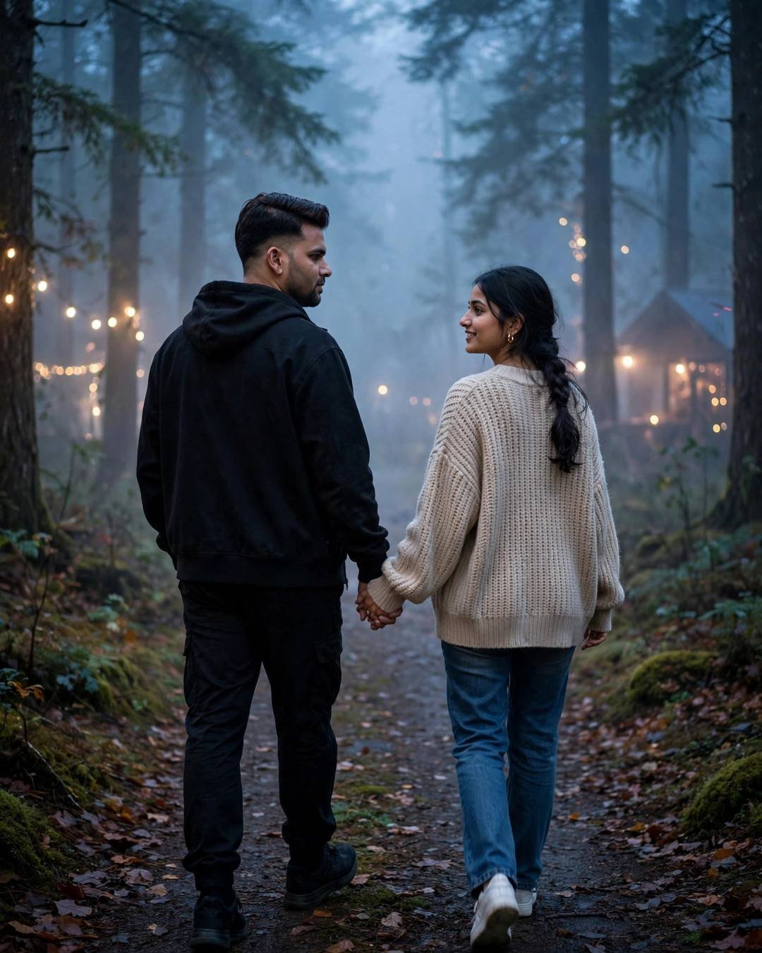 Young Indian couple walking hand in hand away from the camera down a misty forest path, man in black, woman in beige cable-knit sweater, string lights glowing through fog