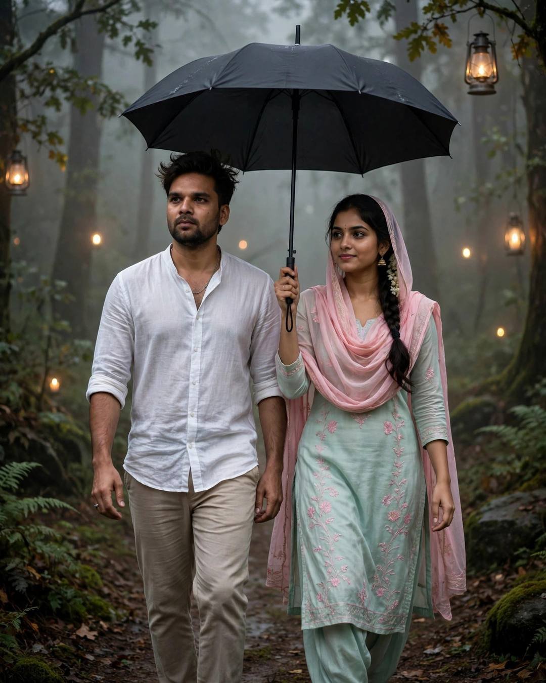 A couple walking under one black umbrella on a lantern-lit foggy forest path, he in white linen and she in a pastel salwar-kameez