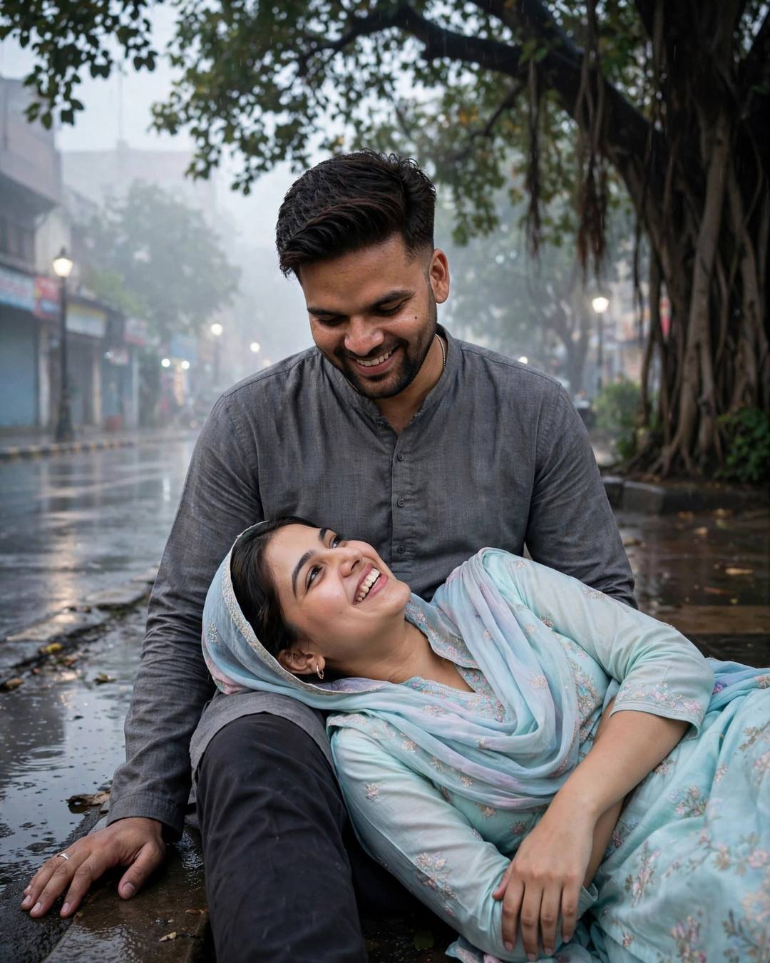 A couple laughing beneath an old banyan tree on a rain-wet foggy street, her head resting in his lap