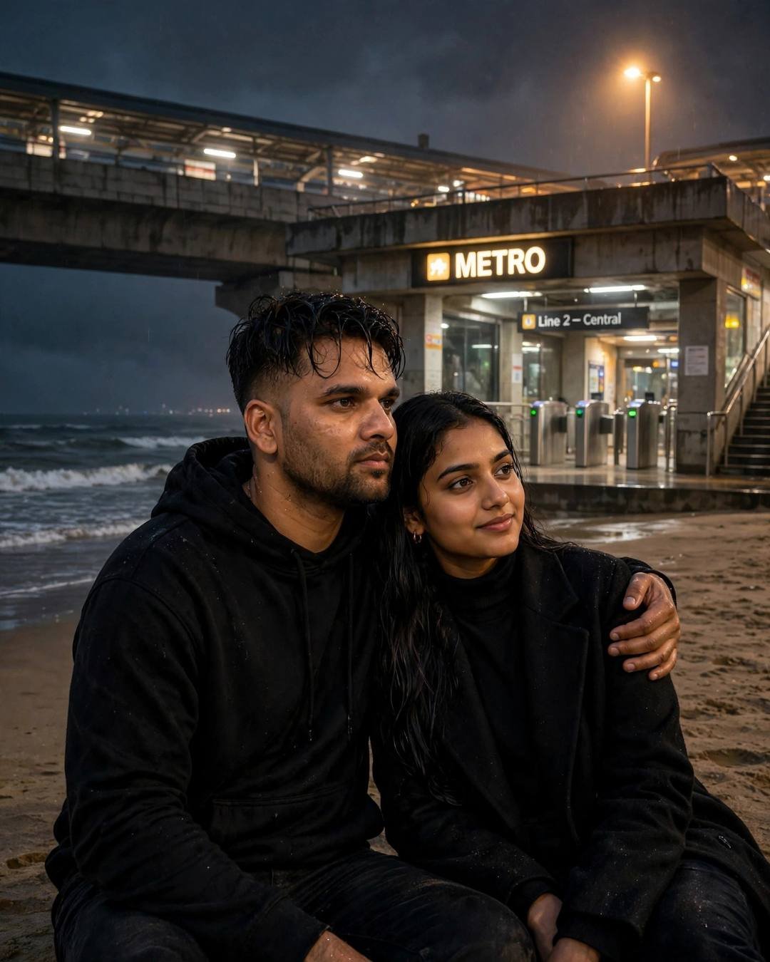 A couple sitting on the sand watching the waves, his arm around her, a glowing metro station behind them at night