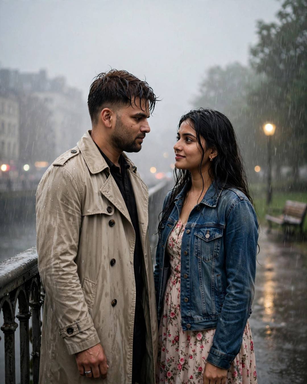 A couple standing face to face in heavy monsoon rain on a bridge, he in a beige trench coat and she in a denim jacket