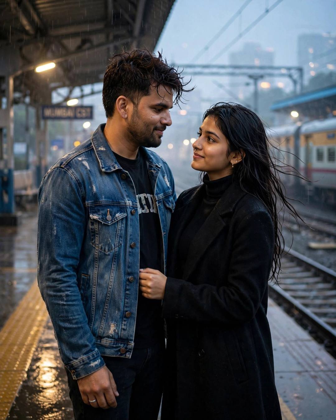 A couple standing close and smiling on a rainy railway platform at dawn, a local train waiting behind them
