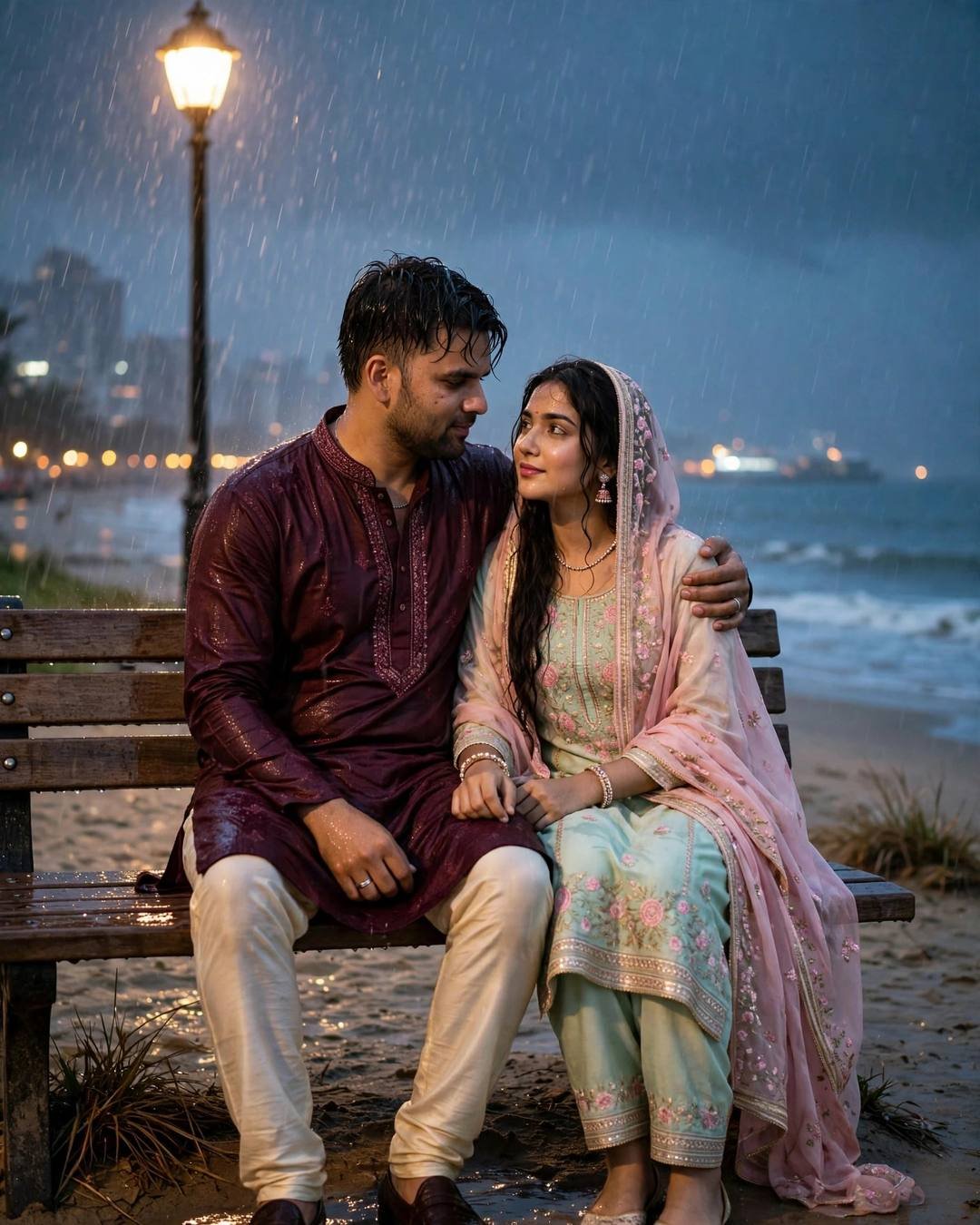A couple sitting close on a beach bench in heavy rain at blue hour, gazing into each other's eyes, he in a maroon kurta