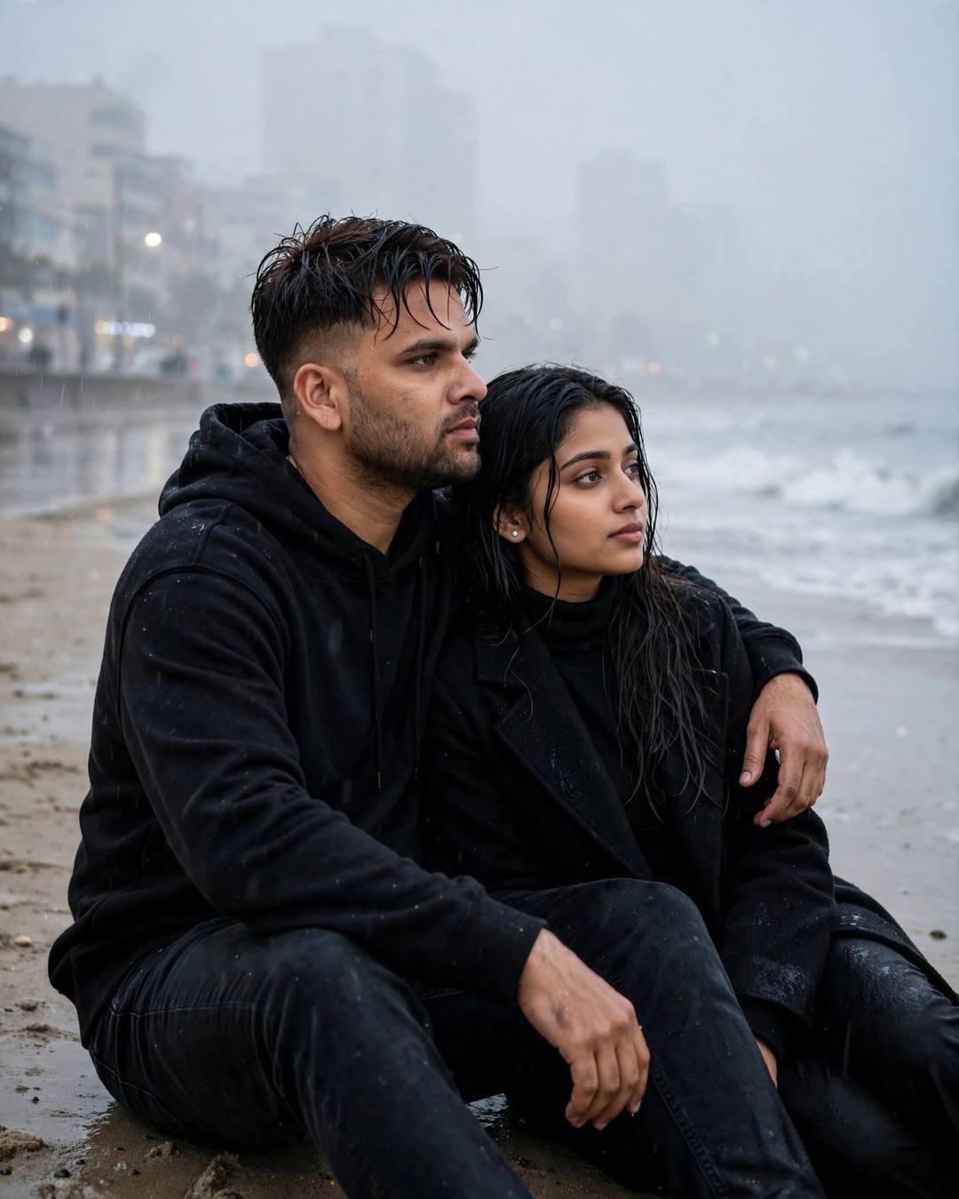 A couple sitting in the wet sand on a foggy beach, his arm around her, gazing at each other through the mist
