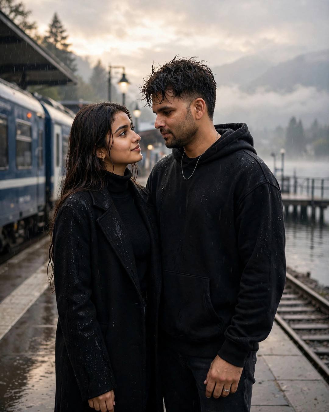 A couple standing face to face on a lakeside railway platform at dawn, gazing at each other, mountains misted behind