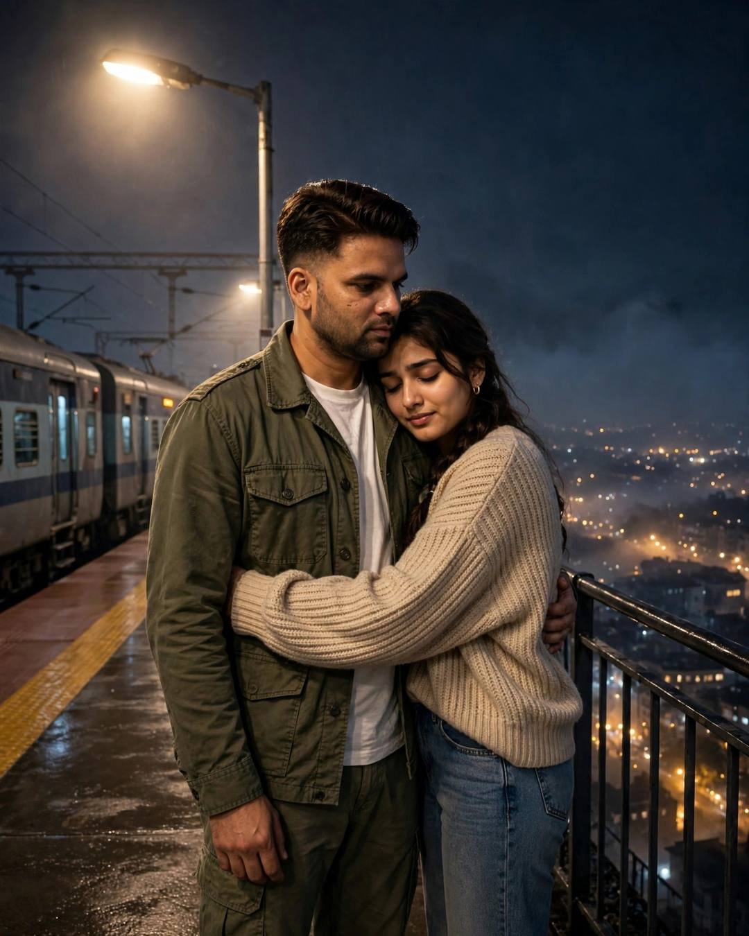 A couple embracing on a rain-wet platform at midnight, her head on his shoulder, a train waiting beside them