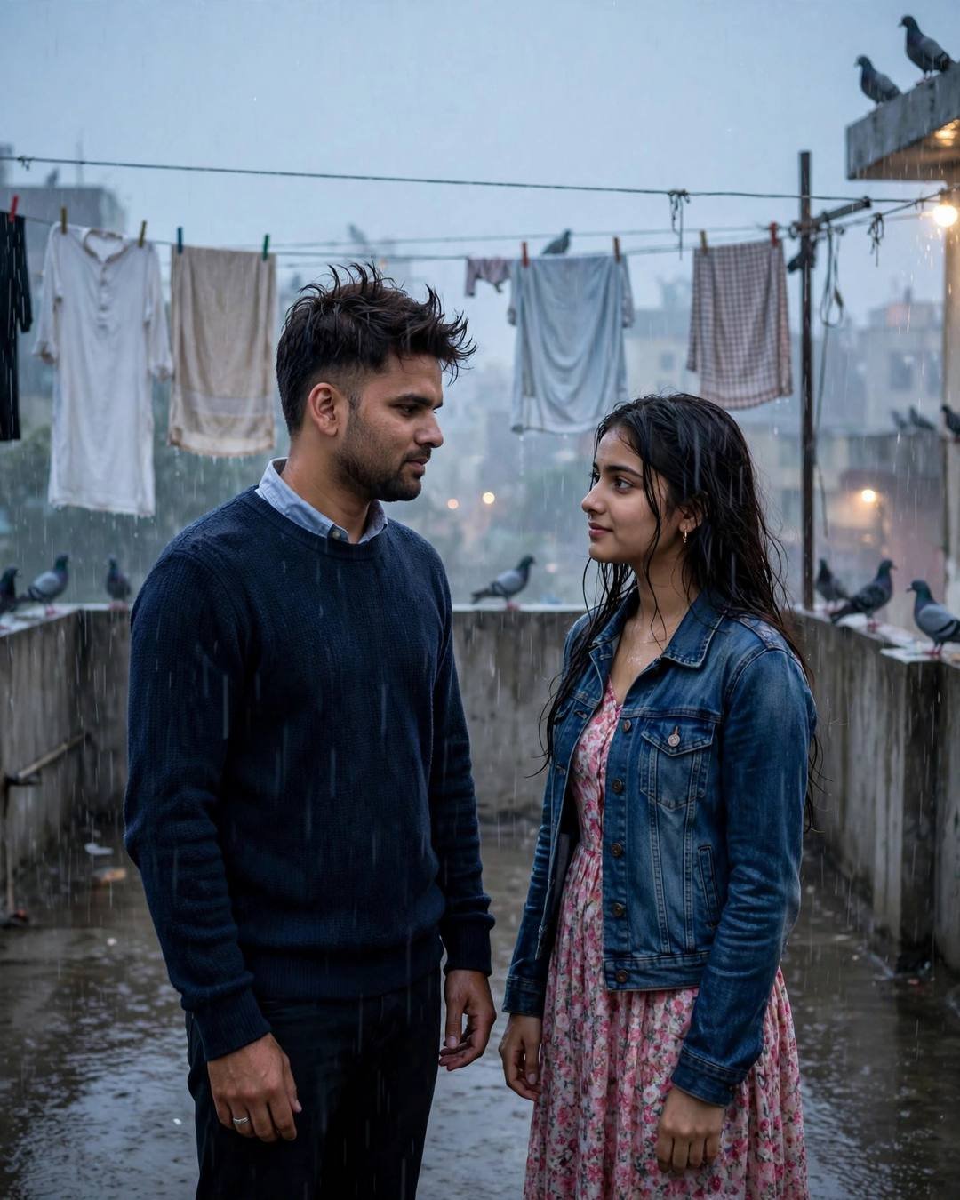 A couple standing face to face on a rainy rooftop terrace with drying clothes lines and pigeons, gazing at each other