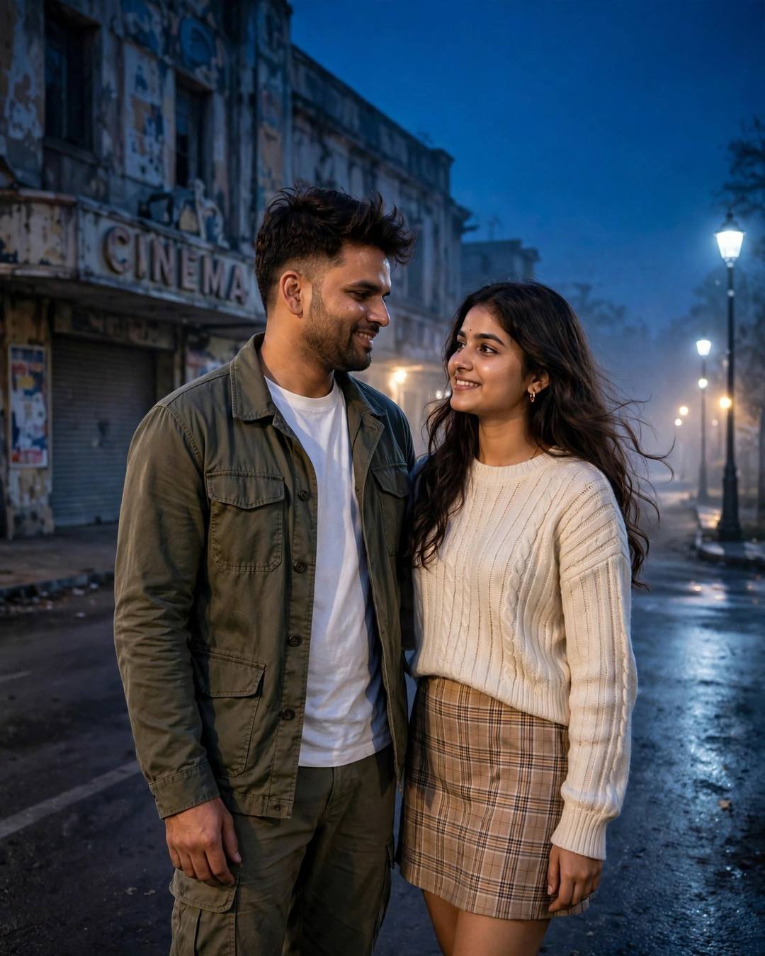 A couple standing close and smiling before an abandoned cinema at blue hour, he in a field jacket and she in a cream knit