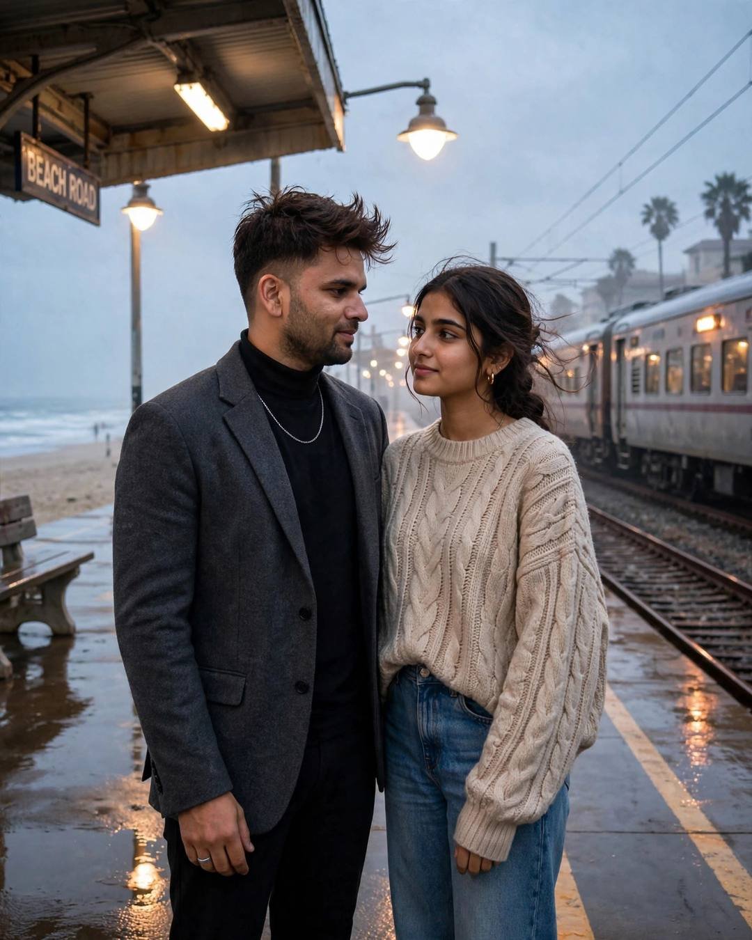 A couple standing close on a beachside railway platform, he in a charcoal blazer and she in an oversized beige sweater, the ocean beyond