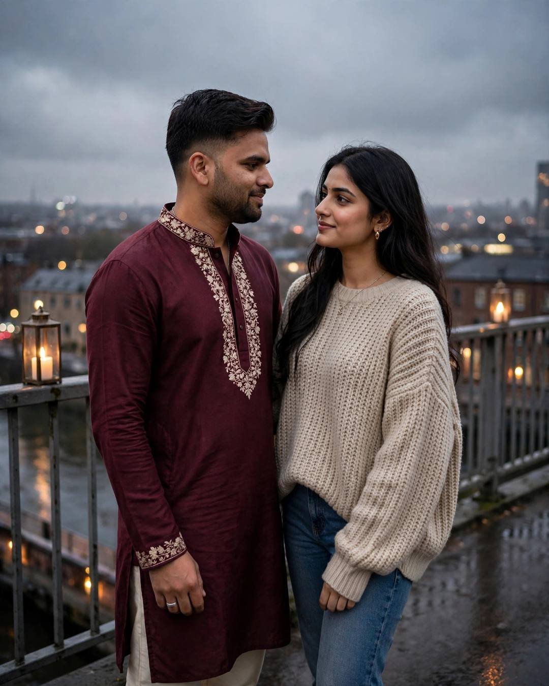 A couple standing close among candles on a rooftop railing at night, he in a maroon kurta and she in an oversized beige sweater