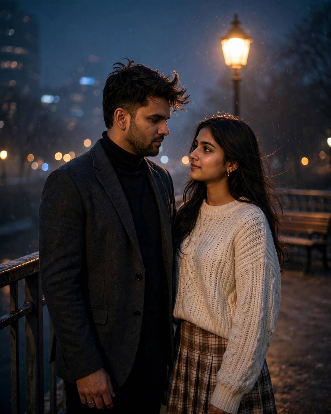 A couple standing face to face under a lone park lamp at night, he in a charcoal blazer and she in a cream knit