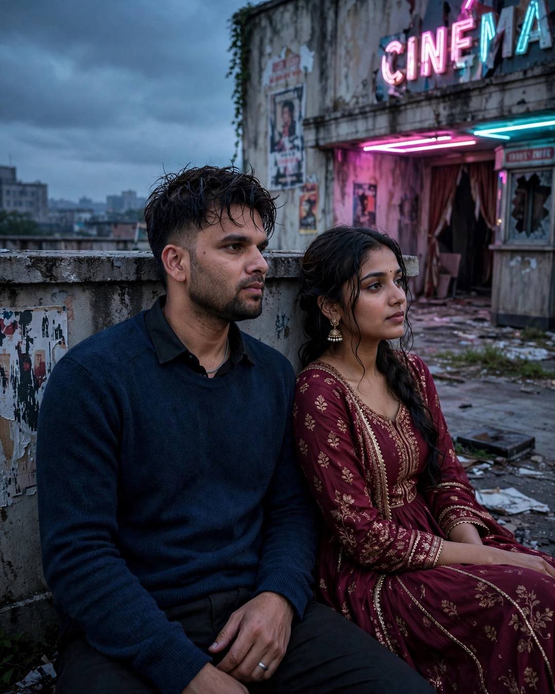 A couple sitting side by side against a rooftop wall by a neon-lit abandoned cinema, gazing into the same distance